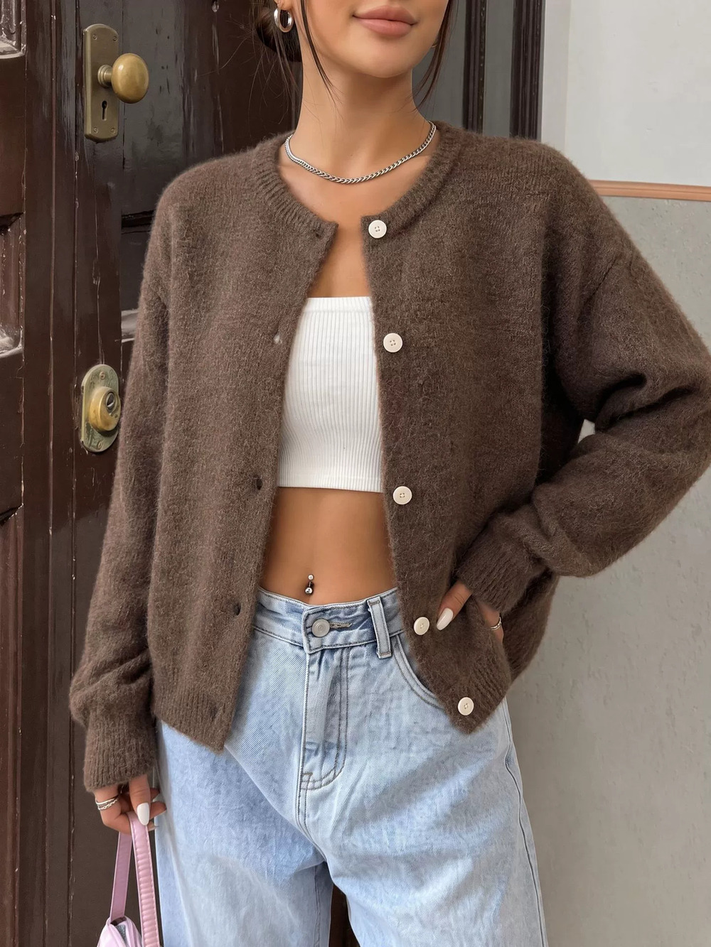 Zara Mohair Cardigan Soft Oversized Round Neck Single Breasted Solid Color Coat